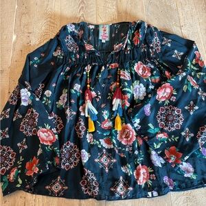 Johnny Was Navy Flowy Floral Top with Tassel Accents XL